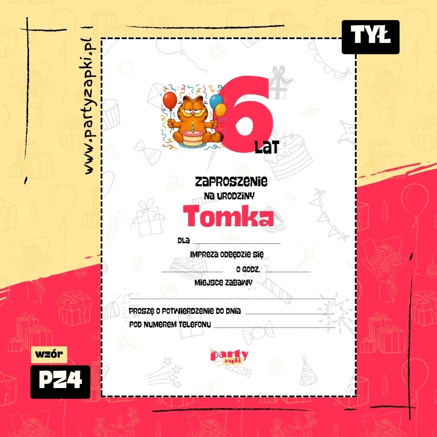 garfield zaproszenie na urodziny 01 pz4 tyl