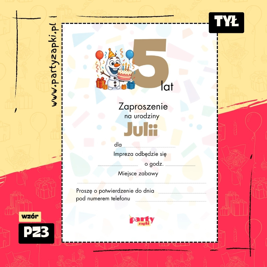 olaf kraina lodu zaproszenie na urodziny 01 pz3 tyl