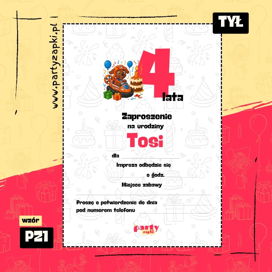 zuma psi patrol zaproszenie na urodziny 03 pz1 tyl