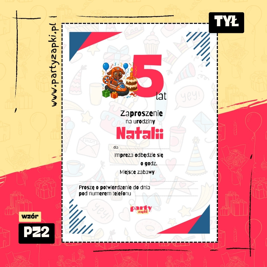 zuma psi patrol zaproszenie na urodziny 03 pz2 tyl