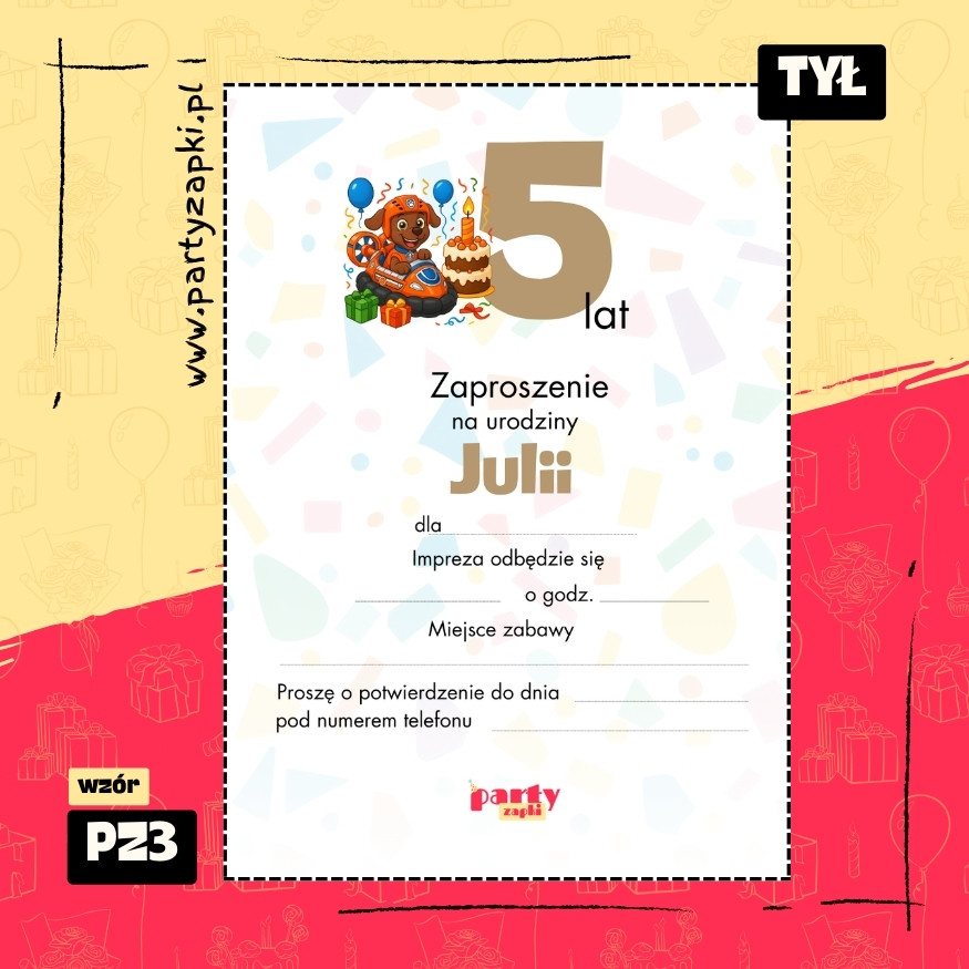 zuma psi patrol zaproszenie na urodziny 03 pz3 tyl