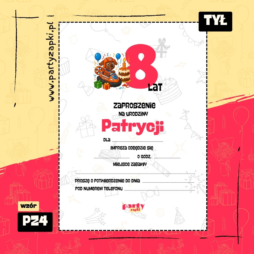 zuma psi patrol zaproszenie na urodziny 03 pz4 tyl