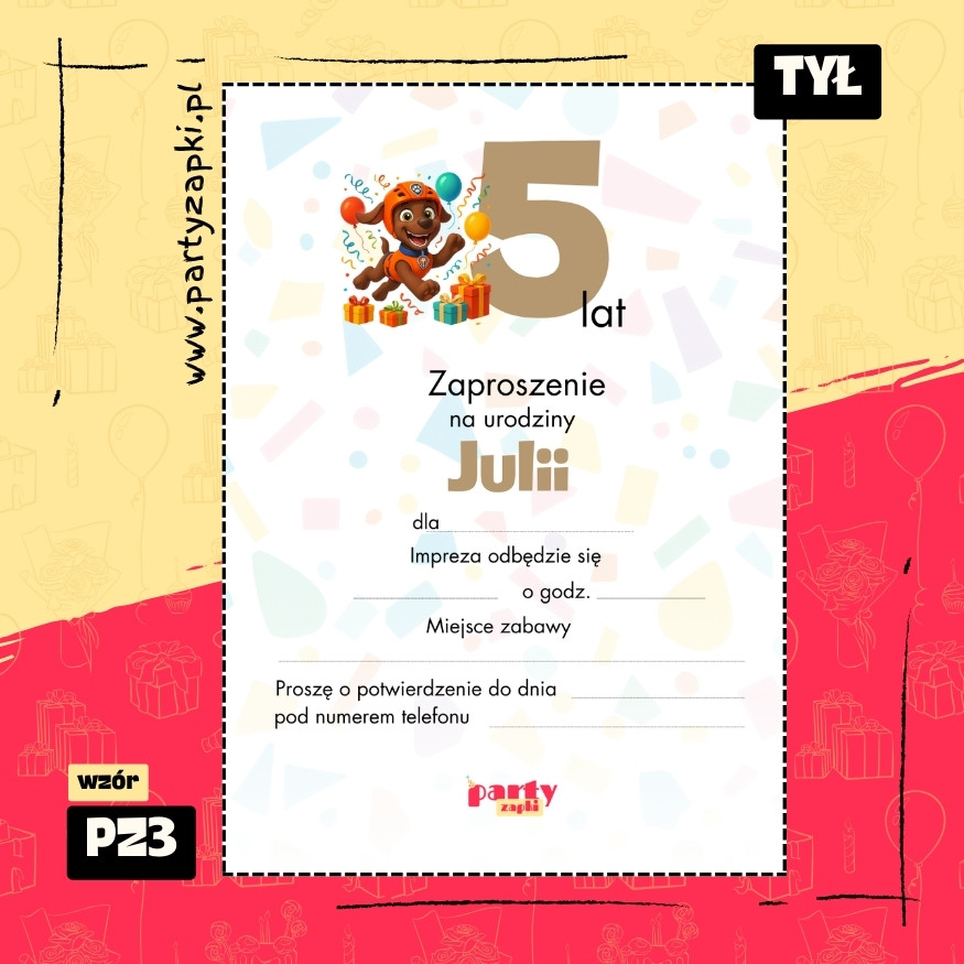 zuma psi patrol zaproszenie na urodziny 05 pz3 tyl