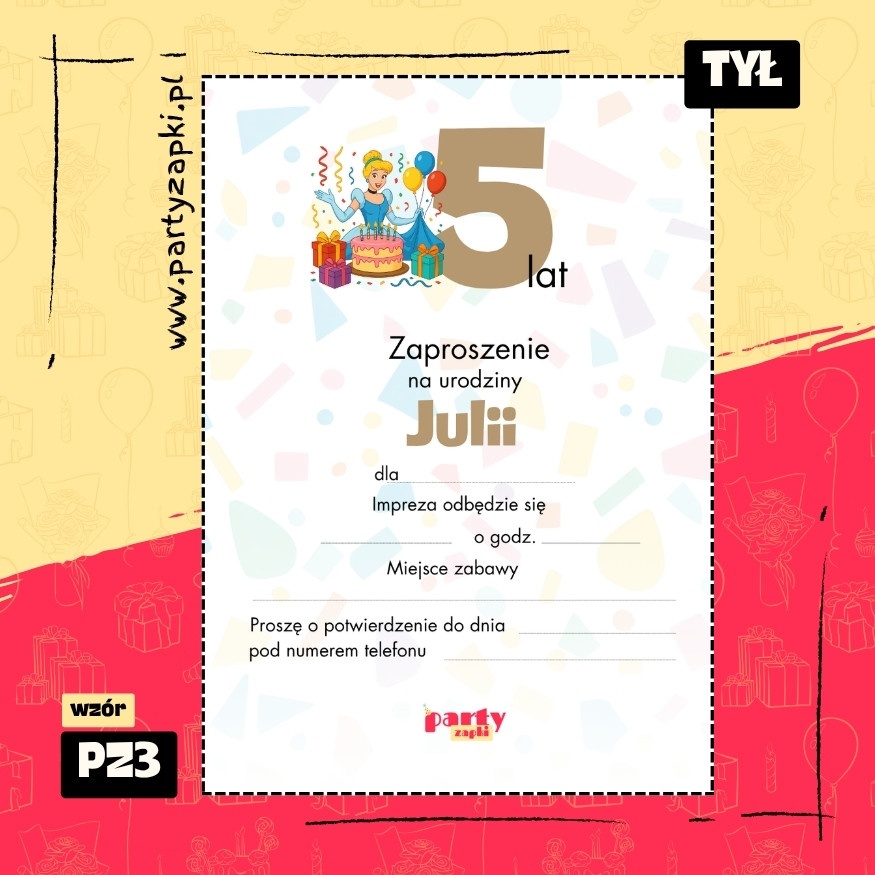 kopciuszek zaproszenie na urodziny 01 pz3 tyl