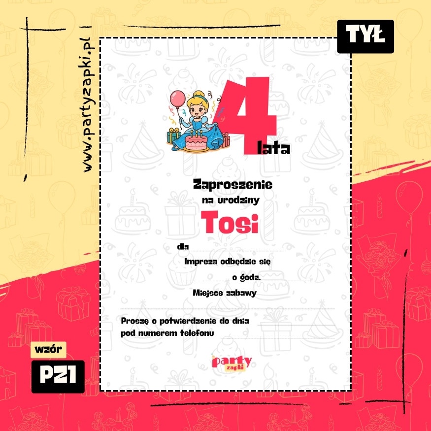 kopciuszek zaproszenie na urodziny 04 pz1 tyl