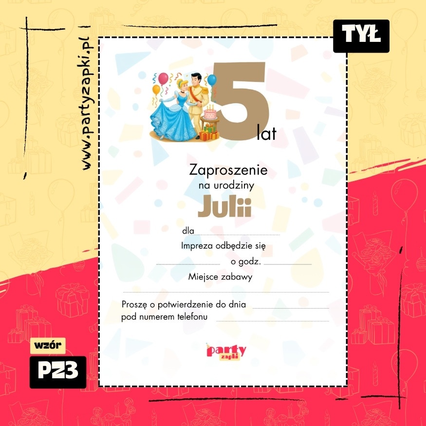 kopciuszek zaproszenie na urodziny 05 pz3 tyl