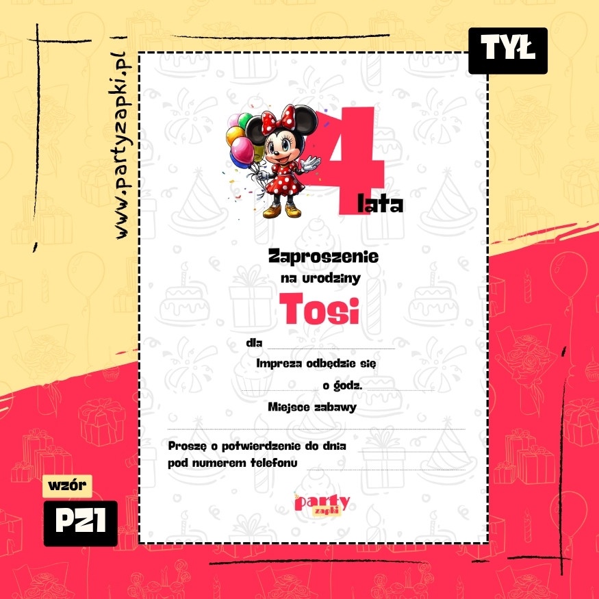 myszka minnie zaproszenie na urodziny 01 pz1 tyl