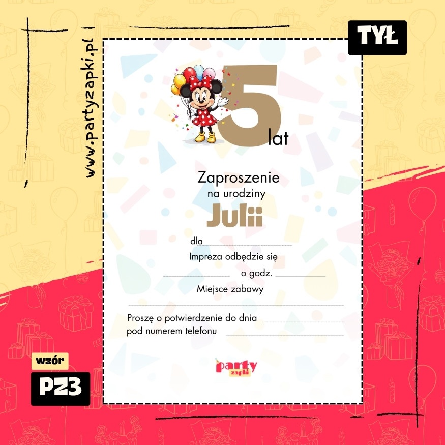 myszka minnie zaproszenie na urodziny 01 pz3 tyl