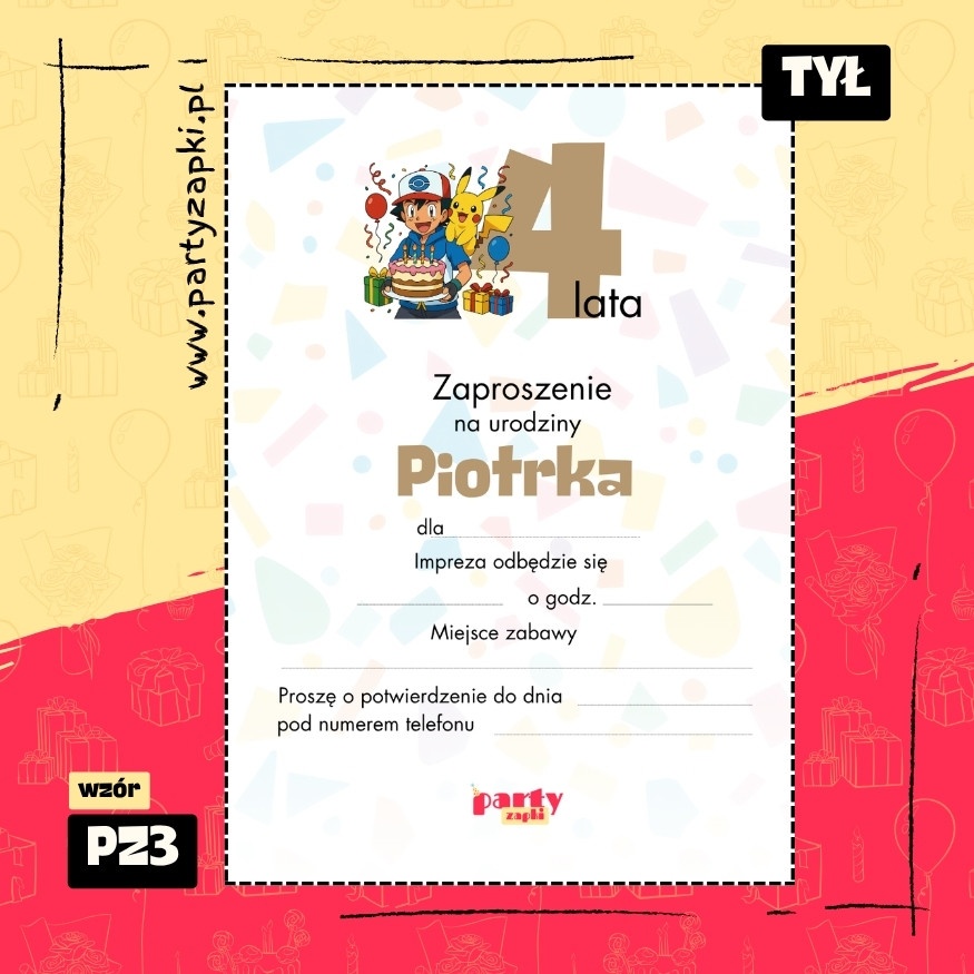 pikachu pokemon zaproszenie na urodziny 01 pz3 tyl