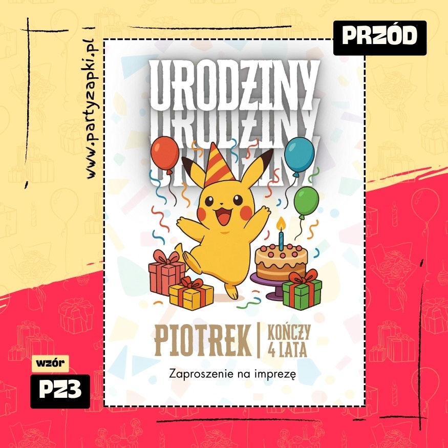 pikachu pokemon zaproszenie na urodziny 01 pz3 przod