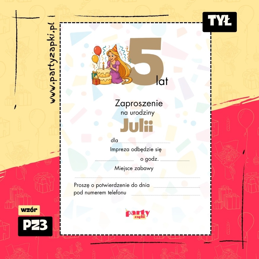roszpunka zaplatani zaproszenie na urodziny 01 pz3 tyl