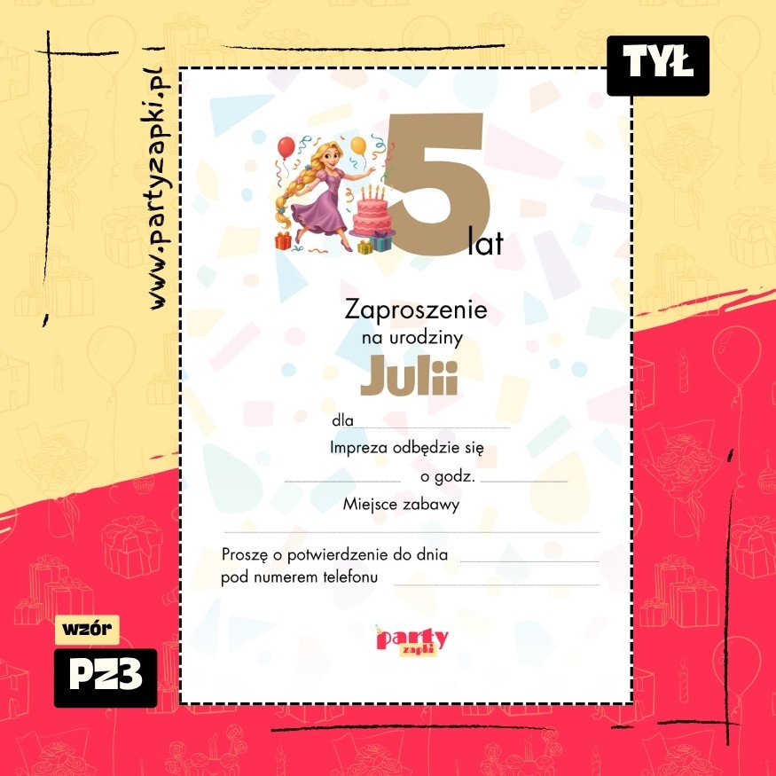roszpunka zaplatani zaproszenie na urodziny 01 pz3 tyl