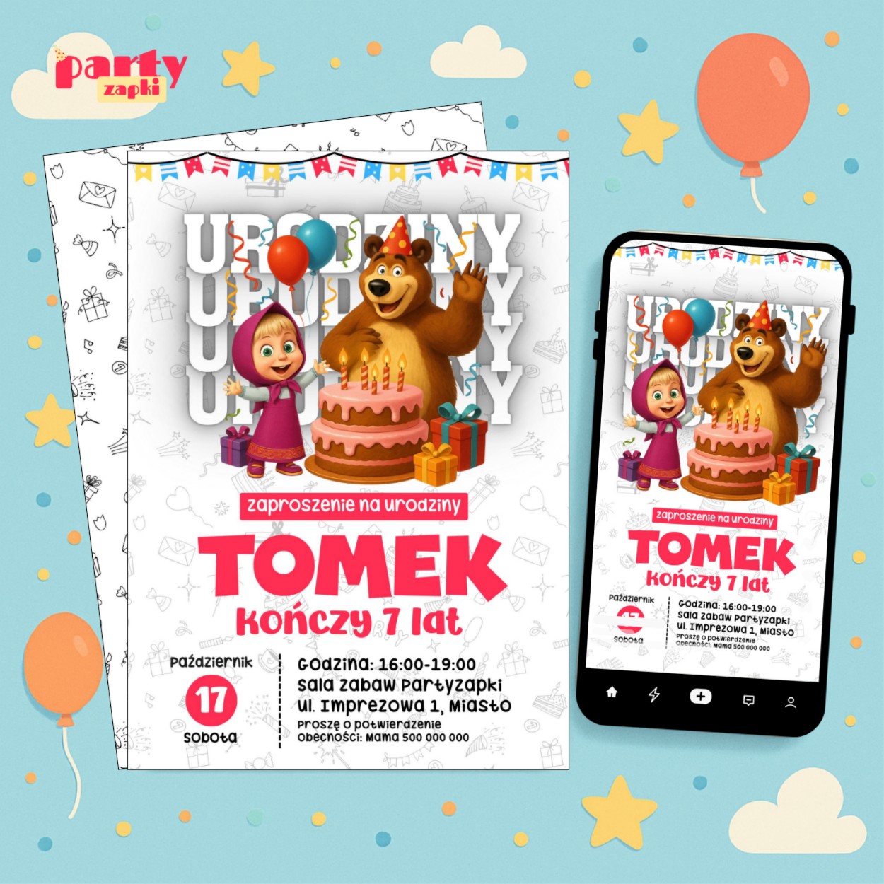 masza i niedzwiedz 01 zaproszenie na urodziny partyzapki